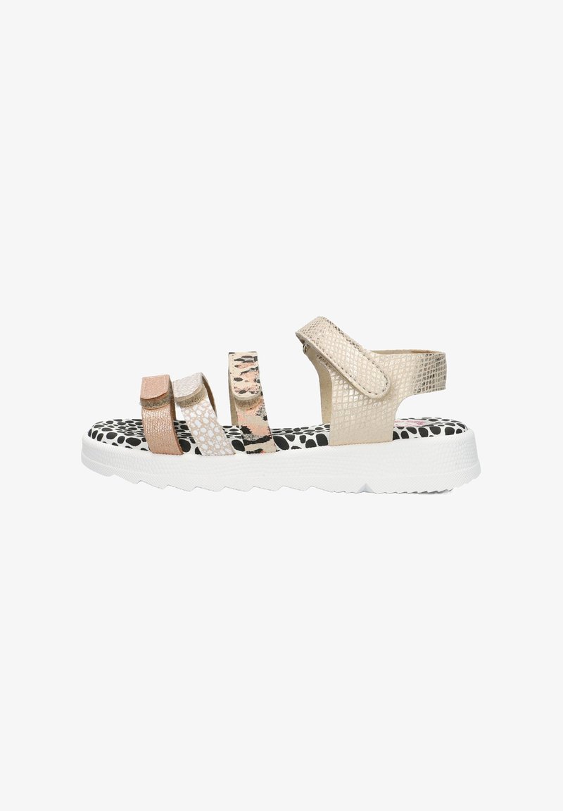 Strappy sandals with metallic accents in gold, rose, and animal print, white platform sole, and textured footbed featuring black and white patterns.