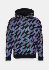 Felpa con cappuccio caratterizzata da una base nera con motivi geometrici iridescenti, tasca a marsupio e polsini e orlo a coste.