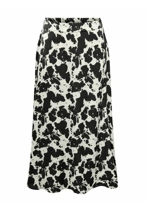 Zwart-witte midi rok met een koeienprint, gemaakt van lichte stof, met een vloeiende silhouette en een gegolfde rand.