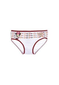 Witte katoenen slip met bordeauxrood accent, voorzien van een Minnie Mouse-ontwerp en een kleurrijke bloemenprint langs de tailleband. Zachte textuur, elastische pasvorm.
