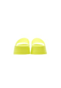 Bright yellow slide sandals with a smooth, glossy finish, featuring a raised, textured sole and a doubled strap design for ease of wear.