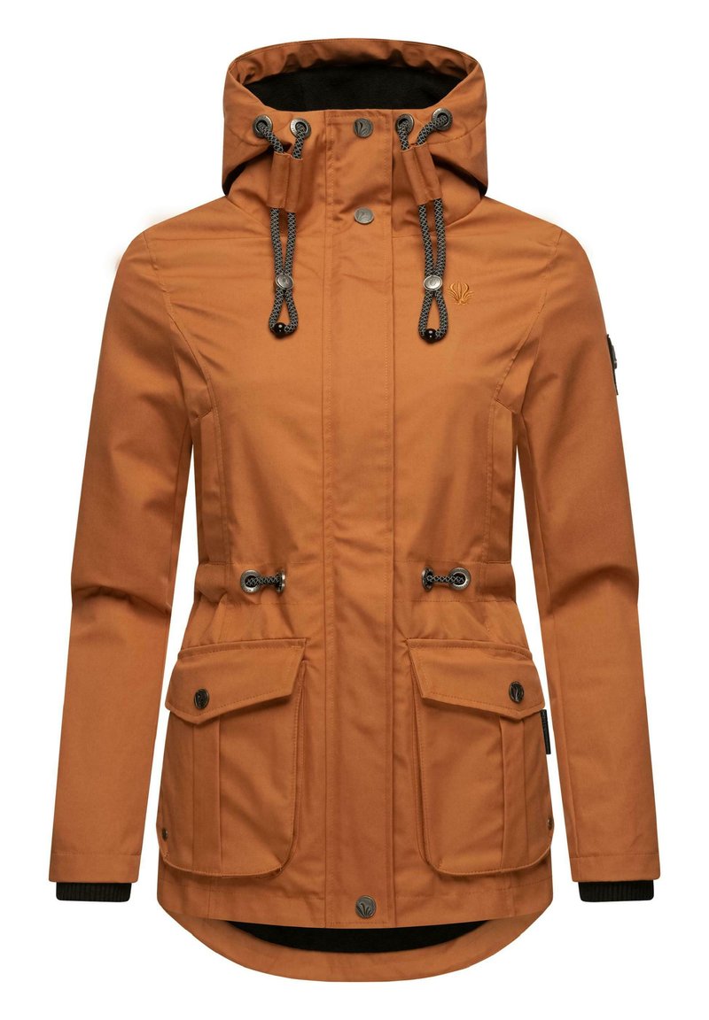 Orange waterproof jacket with a hood, featuring toggles, two front pockets, and an adjustable waist. Textured fabric with a sleek design.