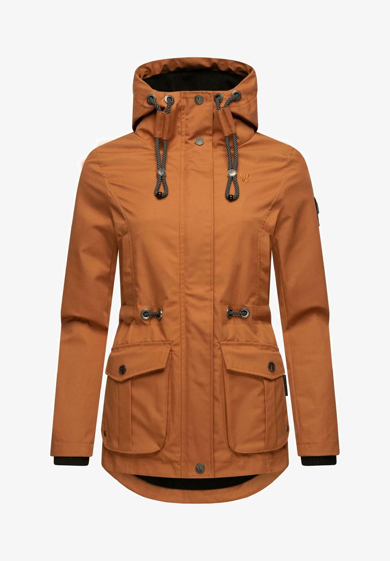 Orange vattentät jacka med huva, med snoddar, två framfickor och justerbar midja. Texturerad tyg med en elegant design.