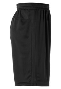Shorts de sport noirs en tissu léger, avec une taille élastique, une poche latérale et des accents côtelés verticaux le long des coutures.