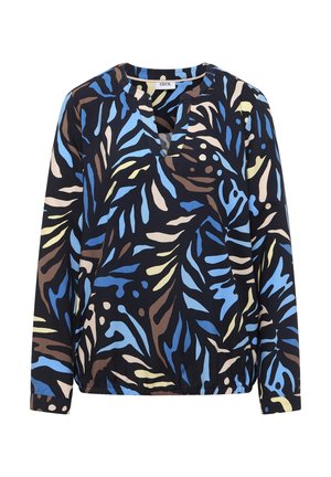 Langärmelige Bluse mit dunklem Hintergrund, darauf ein buntes abstraktes Blattmuster in Blau, Braun und Hellgelb. V-Ausschnitt-Design.