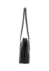 Borsa in pelle nera con una superficie liscia, forma alta e snella, dotata di due spallacci e di un'apertura arricciata nella parte superiore.