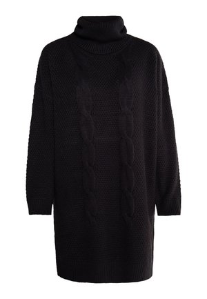 Zwarte gebreide sweaterdress met een hoge col, gestructureerd oppervlak en kabelbreipatronen aan de voorkant. Ontspannen pasvorm, ¾ mouwen.