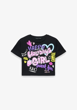 Czarny krótki t-shirt z kolorowym graficznym napisem oraz wzorami serc, gwiazd i zabawnych fraz w różowym, fioletowym i niebieskim kolorze.