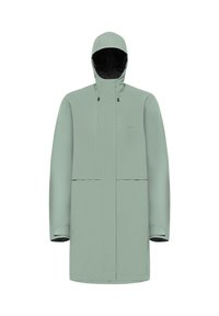 Hellgrüne wasserdichte Kapuzenparka mit Frontreißverschluss und Taschen, entwickelt für den Schutz bei Outdoor-Wetter.