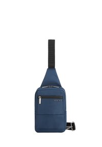 Borsa a tracolla in tessuto blu navy, dotata di un compartimento principale con zip, tasca frontale con zip, tracolla regolabile e logo AOKING. Texture liscia.