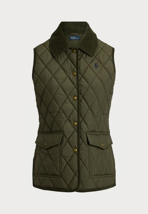 Quilted olive green vest with a corduroy collar, gold snap buttons, and two front pockets. Features a diamond pattern and contrasting trim.