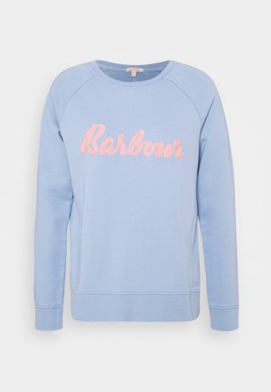 Lichtblauwe longsleeve-trui met roze 'Barbour'-scriptlogo over de borst en geribbelde manchetten en zoom.
