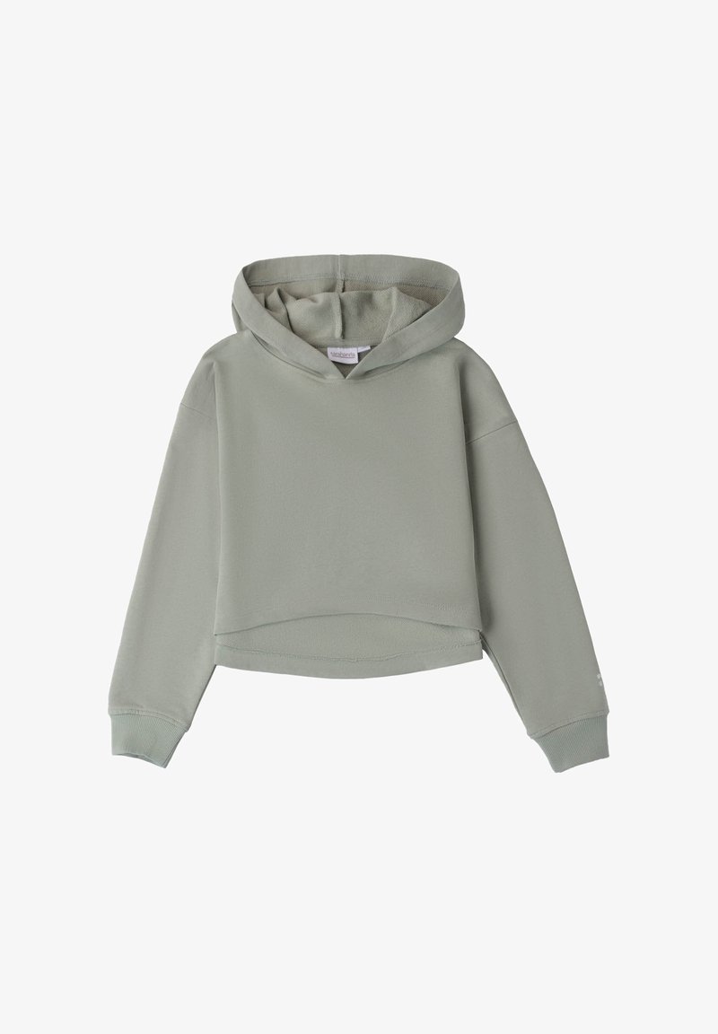 Felpa verde chiaro a maniche lunghe, realizzata in un tessuto morbido, con cappuccio regolabile e polsini a coste. Senza fantasie o loghi visibili.