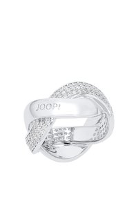 Anillo en tono plateado con bandas entrelazadas, una adornada con cristales transparentes, acabado pulido y el nombre de la marca "JOOP!" grabado en el lateral.