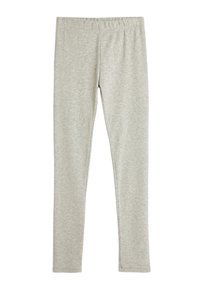 Helle graue Leggings aus weichem, strukturiertem Stoff. Mit einem breiten elastischen Bund und schmal zulaufenden Beinen, geeignet für legere Outfits.