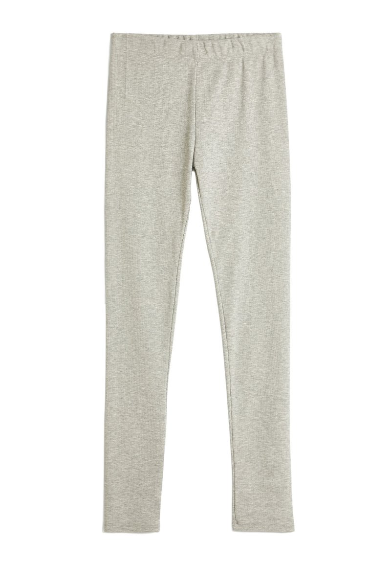 Helle graue Leggings aus weichem, strukturiertem Stoff. Mit einem breiten elastischen Bund und schmal zulaufenden Beinen, geeignet für legere Outfits.
