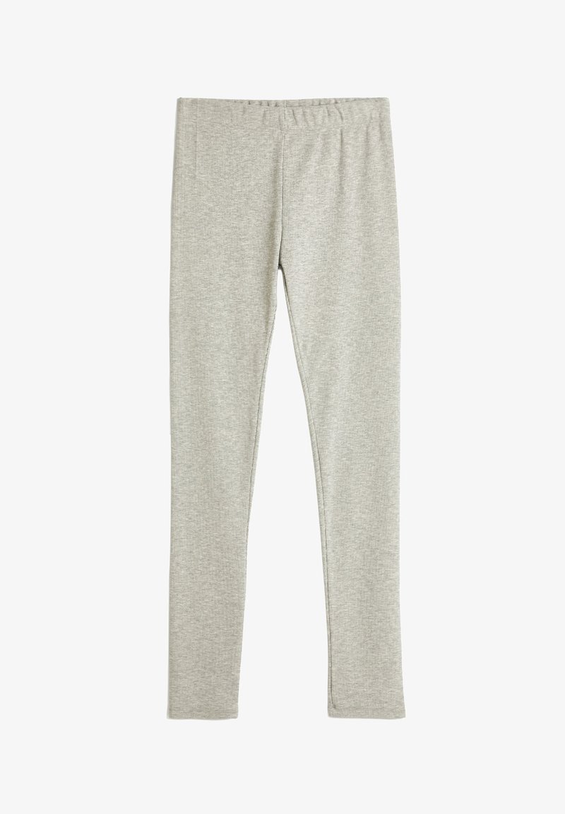 Helle graue Leggings aus weichem, strukturiertem Stoff. Mit einem breiten elastischen Bund und schmal zulaufenden Beinen, geeignet für legere Outfits.