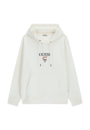 Fehér kapucnis pulóver elülső erszényzsebbel, a mellkason fekete és piros "GUESS jeans" logóval és háromszög emblémával.