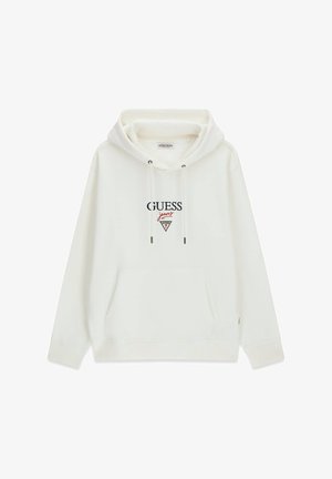 Fehér kapucnis pulóver elülső erszényzsebbel, a mellkason fekete és piros "GUESS jeans" logóval és háromszög emblémával.