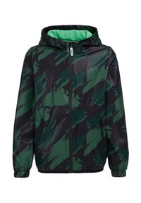 Lehká zipová mikina s kapucí v černém a zeleném maskáčovém vzoru, která má síťovinu, elastické manžety a kontrastní zelenou podšívku.