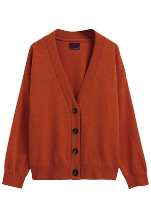 Strickjacke in Rostfarbe mit langen Ärmeln, V-Ausschnitt, gerippten Bündchen und Saum sowie vier schwarzen Knöpfen entlang der Vorderseite.