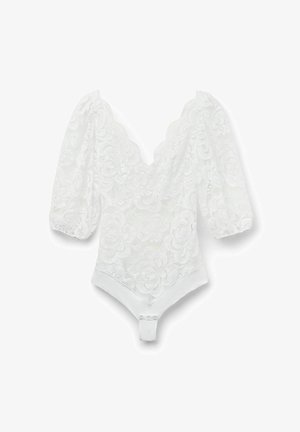 White lace bodysuit with a V-neck, puff sleeves, floral pattern, and a solid white bottom with snap closures. Soft texture and delicate design.