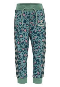 Turkosa sweatpants med rosa och mörkgrön leopardmönster, elastisk midja och kontrasterande sidchevronmönster i mörkgrön.