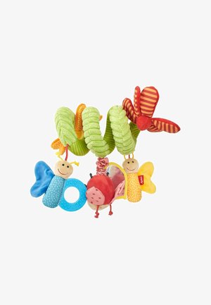 Giocattolo per bambini in tessuto colorato con trame morbide, caratterizzato da una spirale verde, forme di insetti e farfalle, uno specchio e vari motivi.