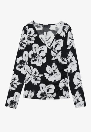 Zwarte lange mouwen top met een wit bloemenpatroon, v-hals ontwerp en geplooide details aan de zijkant, gemaakt van een gestructureerde stof.