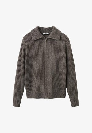 Grijze geribbelde pullover met een opstaande kraag met ritssluiting, lange mouwen en een gestructureerd gebreid patroon, met een licht losse pasvorm en een rechte zoom.
