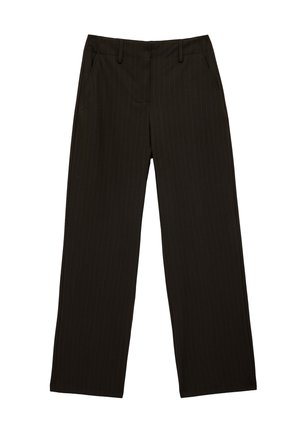 Zwarte broek met wijde pijpen, subtiele verticale krijtstrepen, lussen voor een riem en voorzakken.