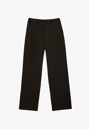 Zwarte broek met wijde pijpen, subtiele verticale krijtstrepen, lussen voor een riem en voorzakken.