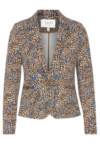 Brauner Blazer mit blauem und cremefarbenem Muster, einknopfige Verschluss, scharfe Revers und lange Ärmel. Glatte Stofftextur.