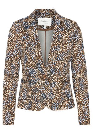Brauner Blazer mit blauem und cremefarbenem Muster, einknopfige Verschluss, scharfe Revers und lange Ärmel. Glatte Stofftextur.