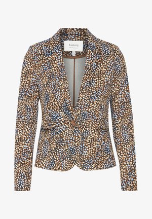 Blazer marron à motifs avec des accents bleus et crème, fermeture à un bouton, revers pointus et manches longues. Texture de tissu lisse.