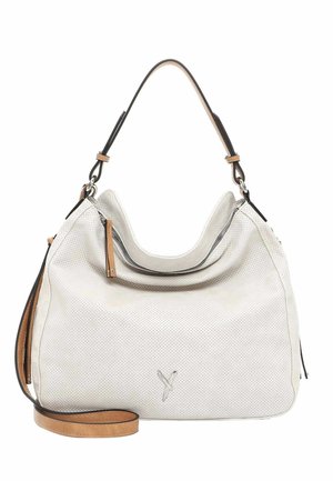 White perforated leather handbag with a slouchy shape, tan accents, and a detachable shoulder strap. Features a top zip closure.