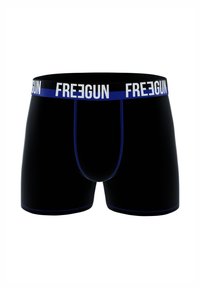 Boxers noirs avec des accents bleus et une large ceinture comportant "FREEGUN" en blanc. Texture lisse et design ajusté, avec des coutures contrastées.