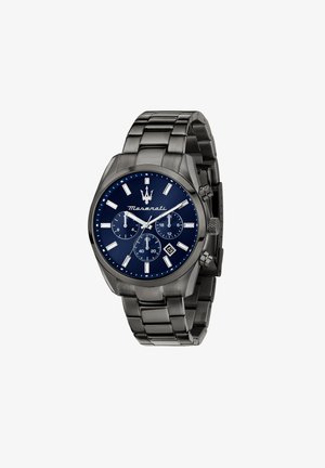 Orologio cronografo Maserati con quadrante blu, dettagli argentati, bracciale in acciaio inossidabile e cassa rotonda con sottodiali e finestra della data.