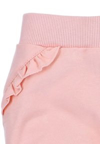 Lichtroze katoenen broek met een geribde tailleband en een ruchesaccent langs de zijkant. Zachte, gladde textuur.