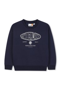 Felpa navy realizzata in morbido cotone, con un grande logo bianco "TIMBERLAND" e un emblema ad albero, collo rotondo e polsini a costine.