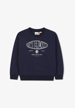 Granatowy sweatshirt wykonany z miękkiej bawełny, z dużym białym logo "TIMBERLAND" oraz emblematem drzewa, okrągłym dekoltem i ściągaczami przy rękawach.