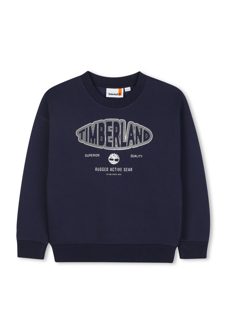 Felpa navy realizzata in morbido cotone, con un grande logo bianco "TIMBERLAND" e un emblema ad albero, collo rotondo e polsini a costine.