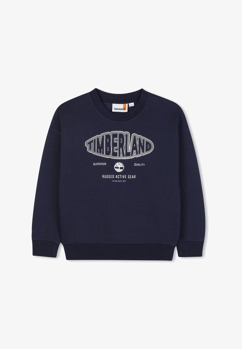 Felpa navy realizzata in morbido cotone, con un grande logo bianco "TIMBERLAND" e un emblema ad albero, collo rotondo e polsini a costine.