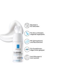 La Roche-Posay Toleriane Dermallergo Augen eye cream with pump, cream swatch, and icons describing allergy relief, microbiome science, and contact lens suitability.