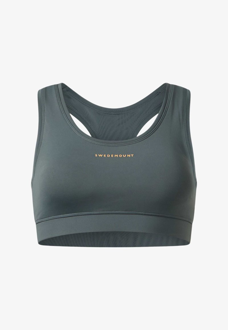 Brassière de sport racerback gris foncé avec larges bretelles et logo "Swedemount" en petites lettres claires au centre devant.