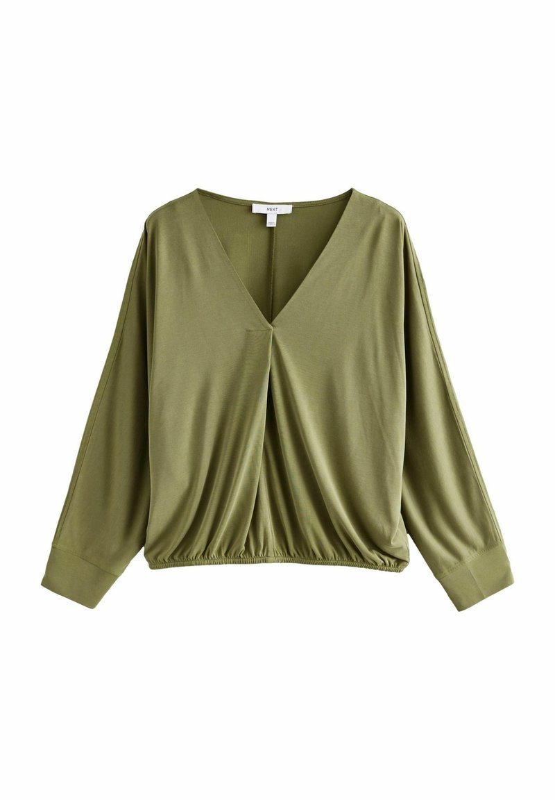 Olivgrüne Bluse aus weichem Stoff, mit V-Ausschnitt, langen Ärmeln und elastischen Säumen für einen gerafften Look. Glatte Textur mit Drapierung.