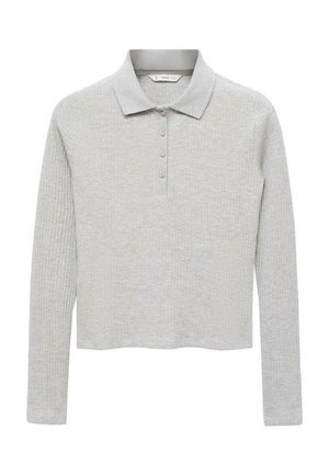 Polo à manches longues ribbé gris clair avec un col et quatre boutons sur le devant.