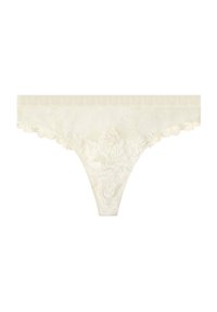 Spitzen-Tanga in zartem Elfenbein mit floraler Stickerei und gewelltem Rand. Glatter Bund für Komfort, mit einem feinen strukturierten Design.