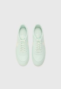 Baskets vert menthe clair avec une texture lisse, présentant un swoosh Nike de couleur crème, des lacets ronds et une semelle rembourrée.