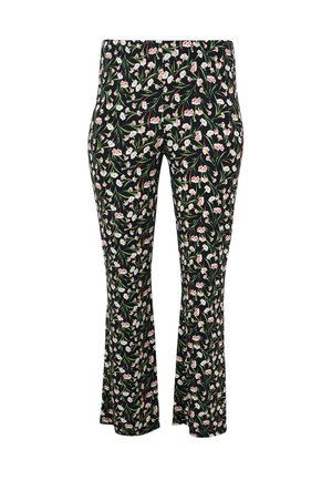 Pantalons évasés en tissu noir ornés d'un motif floral avec des fleurs blanches et roses, taille ajustée et texture lisse.